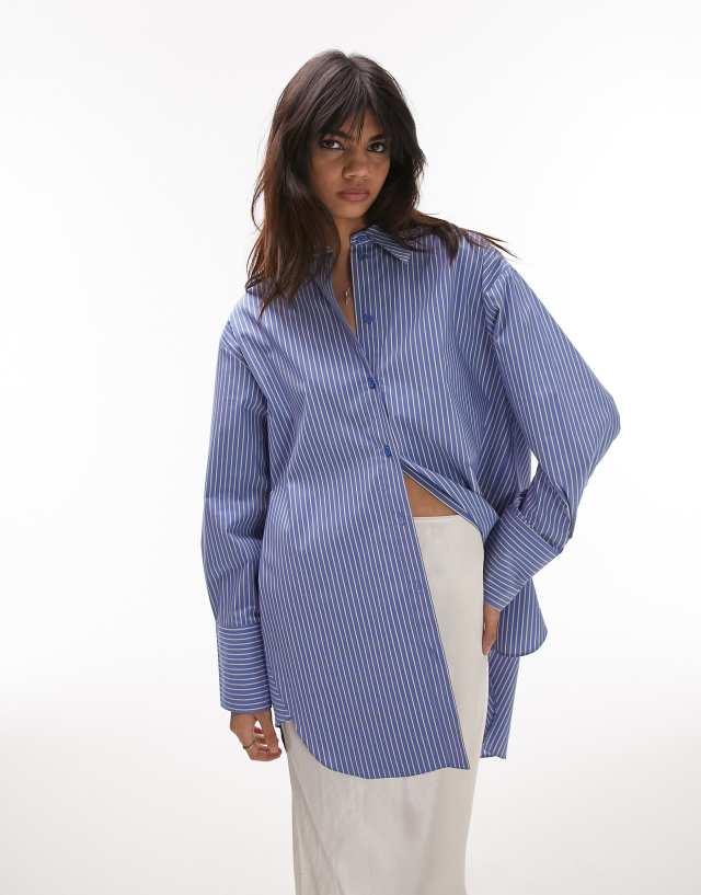 Topshop oversized deep cuff stripe shirt in blue and yellow