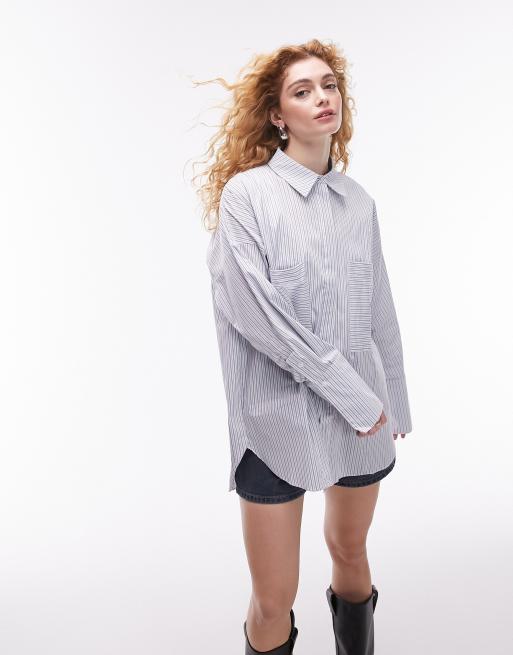 Topshop oversized deep cuff stripe shirt in blue | ASOS