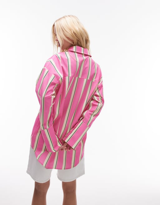 Topshop oversized deep cuffs shirt in pink stripes