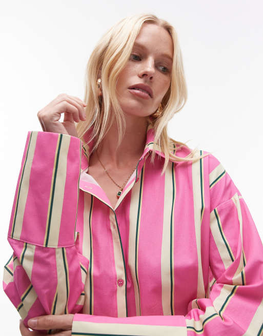 Topshop oversized deep cuffs shirt in pink stripes