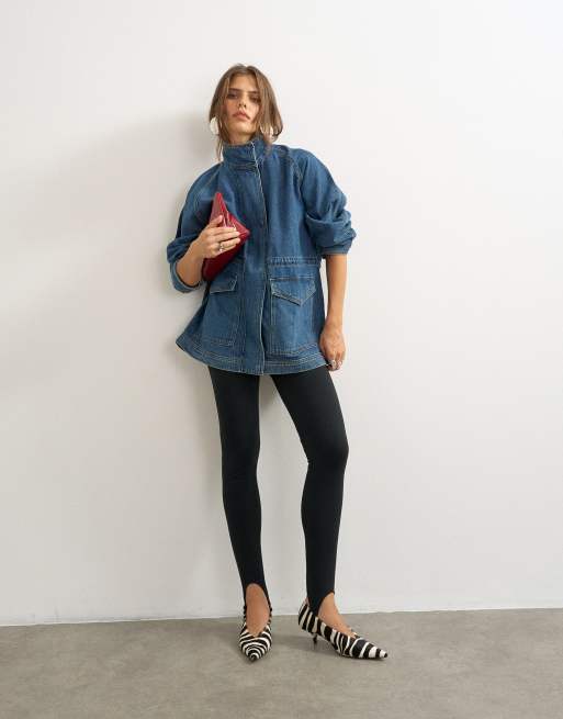 Topshop oversized denim jack met elastische taille in middenblauw