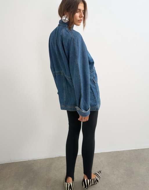 Topshop oversized denim jack met elastische taille in middenblauw, 3 van 4