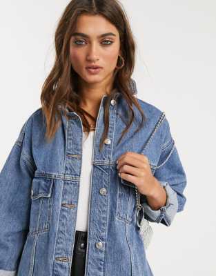 Topshop oversized denim jacket in mid wash blue