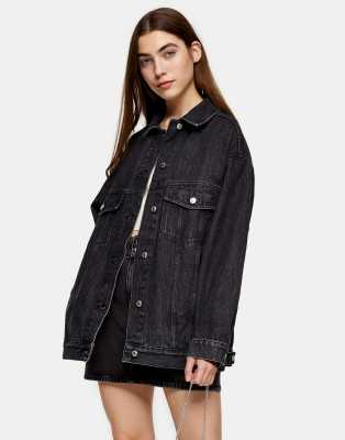 Topshop Oversized Dad Denim Jacket In Washed Black