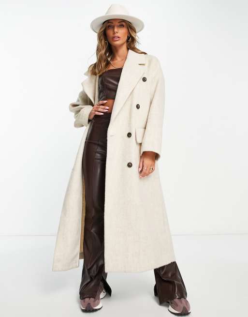 Topshop oversized double breasted long coat in beige