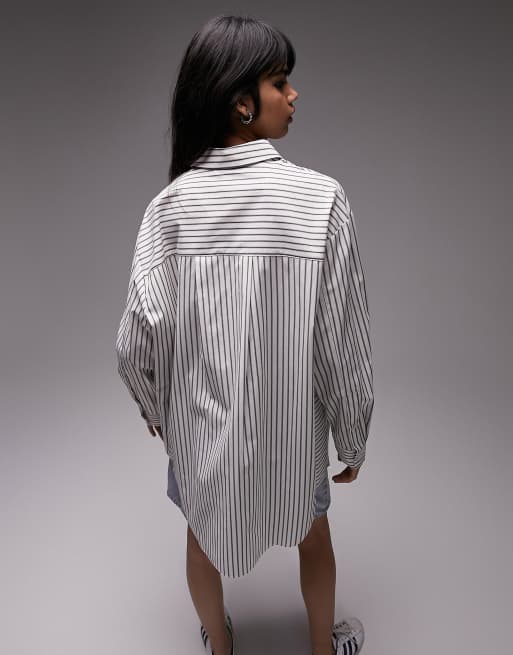 Topshop oversized double pocket wide pin stripe shirt in grey ASOS