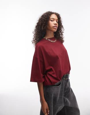 Topshop oversized drop shoulder tee in burgundy-Red