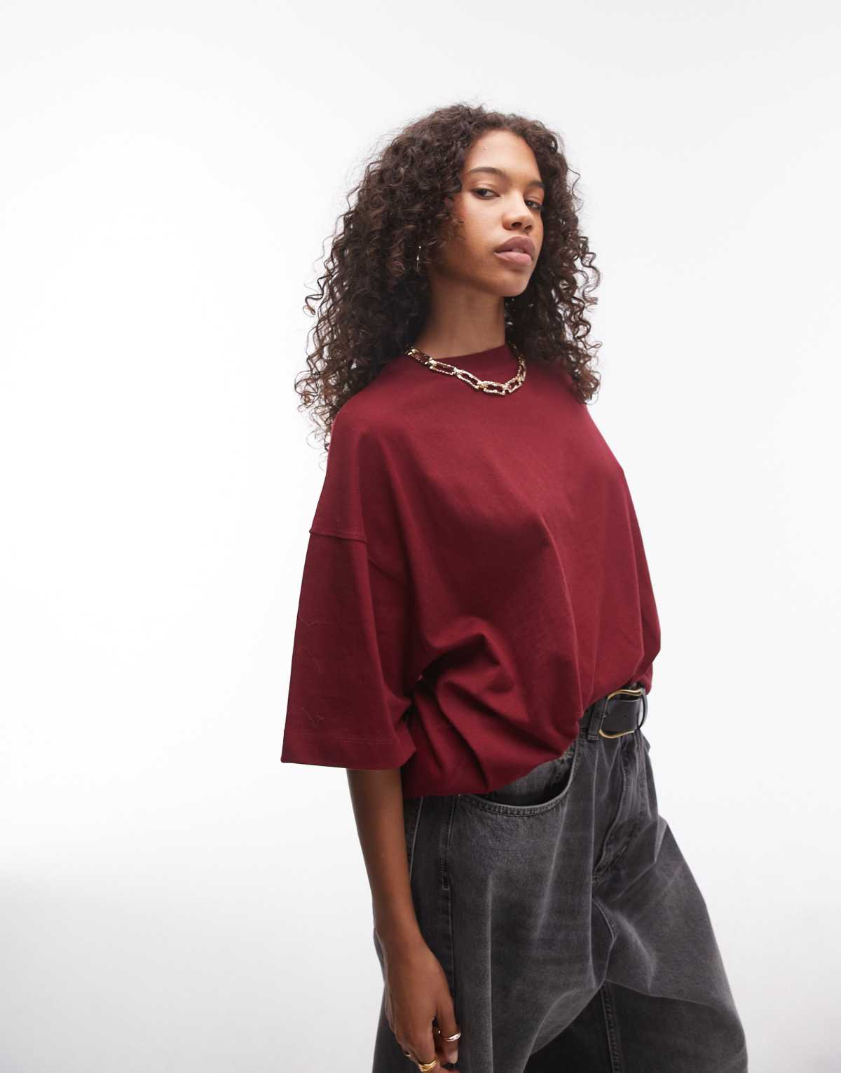 Topshop oversized drop shoulder tee in burgundy