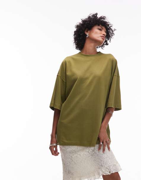 Topshop oversized drop shoulder tee in olive green - view 1