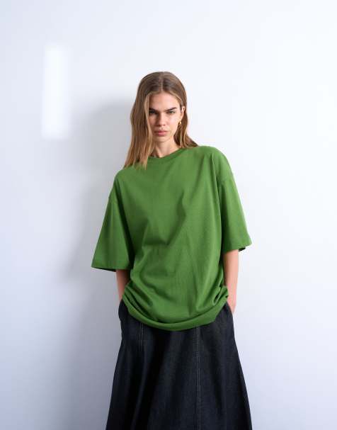 Topshop oversized drop shoulder tee in olive green - view 1