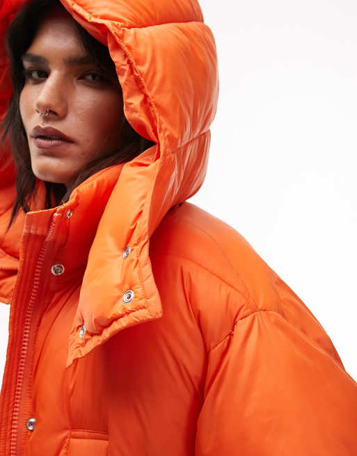 Topshop - Oversized dynejakke med hætte og lommer foran i klar orange, 3 af 4
