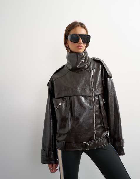 Topshop oversized faux croc leather fold funnel biker in chocolate - view 1
