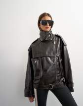 Topshop oversized faux croc leather fold funnel biker in chocolate