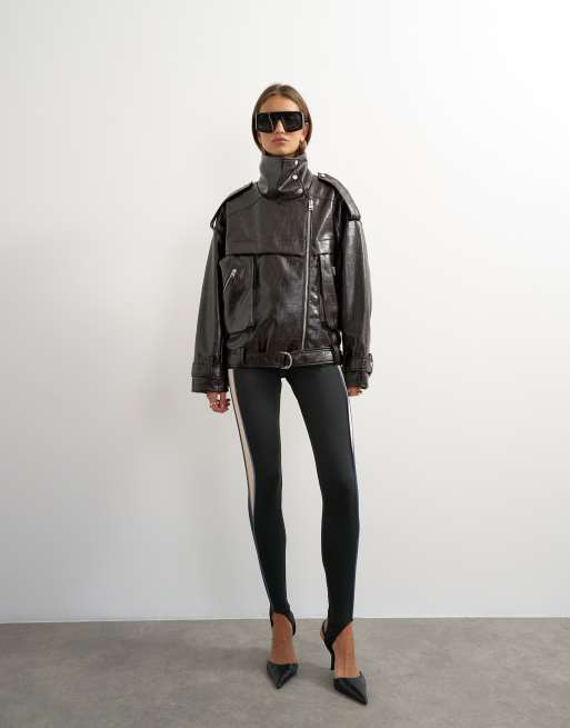 Topshop oversized faux croc leather fold funnel biker in chocolate, 4 of 4