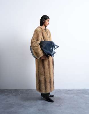 Topshop oversized faux fur collarless long coat in natural beige