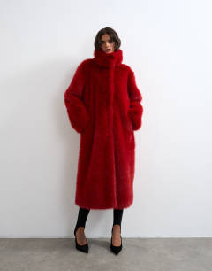 Oversized faux fur longline coat in red