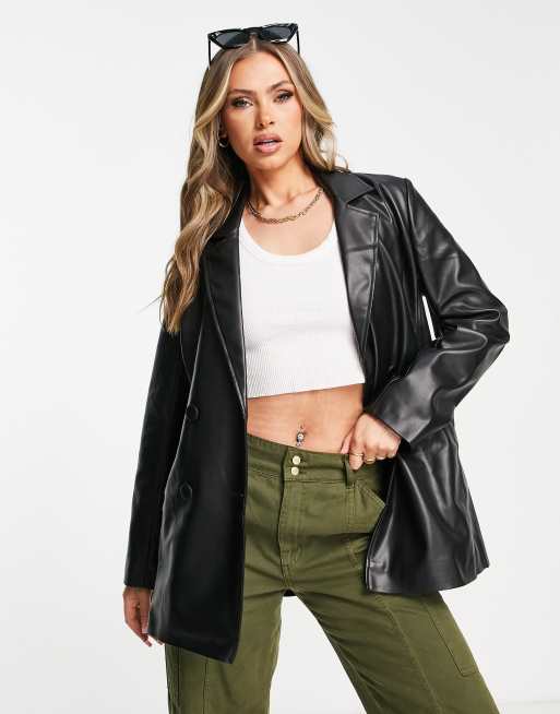 Topshop oversized faux leather blazer jacket in black