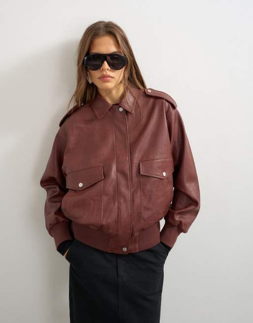 Topshop oversized faux leather bomber jacket in burgundy, 3 of 4