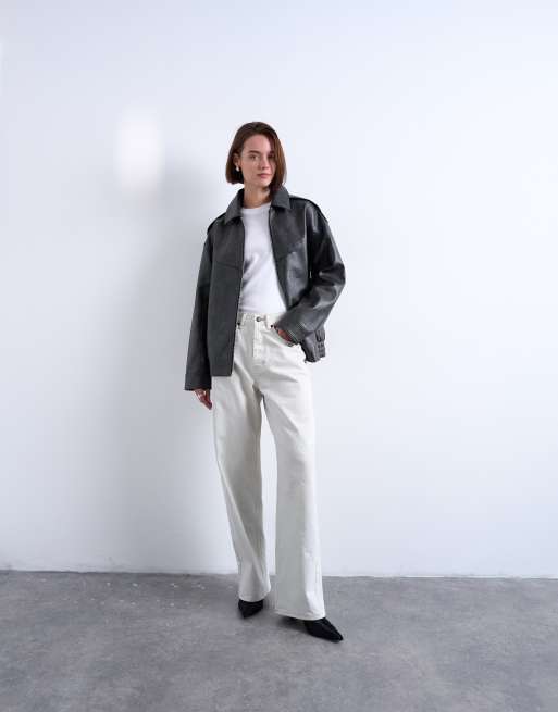 Topshop oversized faux leather bubble vintage wash seam detailing zip up bomber jacket in washed black