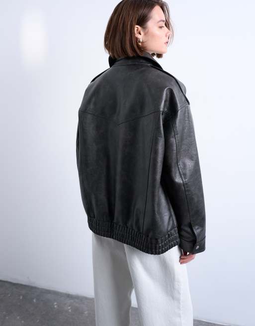 Topshop oversized faux leather bubble vintage wash seam detailing zip up bomber jacket in washed black
