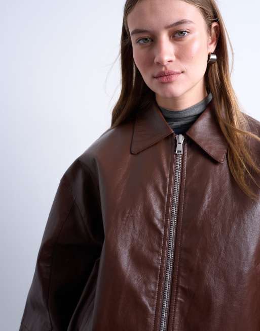 Topshop faux leather drop shoulder cropped zip thru jacket in chocolate