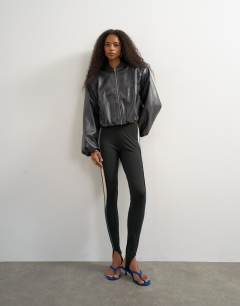 Oversized faux leather oversized zip up bomber jacket in washed black