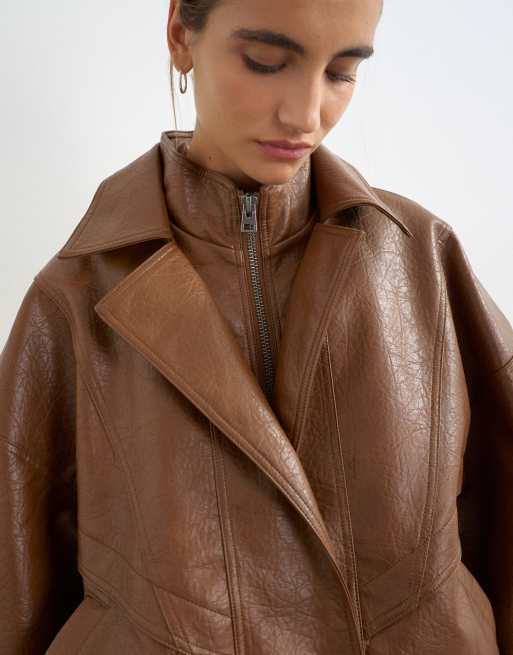 Topshop oversized faux leather seam detail bomber jacket in tan, 3 of 4