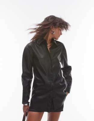 oversized faux leather shirt in black