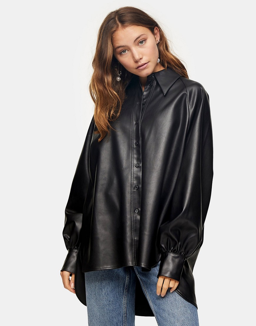 Topshop oversized faux leather shirt in black