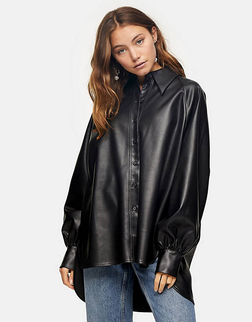 Top Oversized Faux Leather Shirt In, Black Faux Leather Top