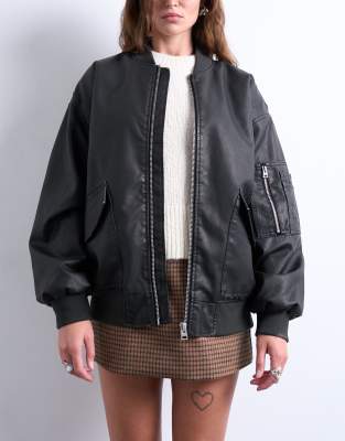 Topshop oversized faux leather washed MA1 bomber jacket in washed black
