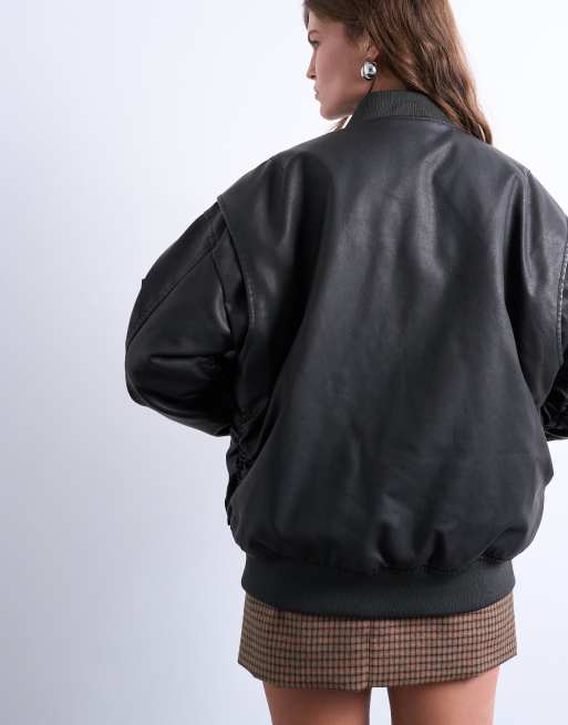 Topshop oversized faux leather washed MA1 bomber jacket in washed black, 3 of 4