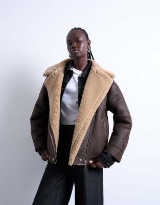 Topshop Vintage Washed Faux Shearling Oversized Bomber Jacket In Black