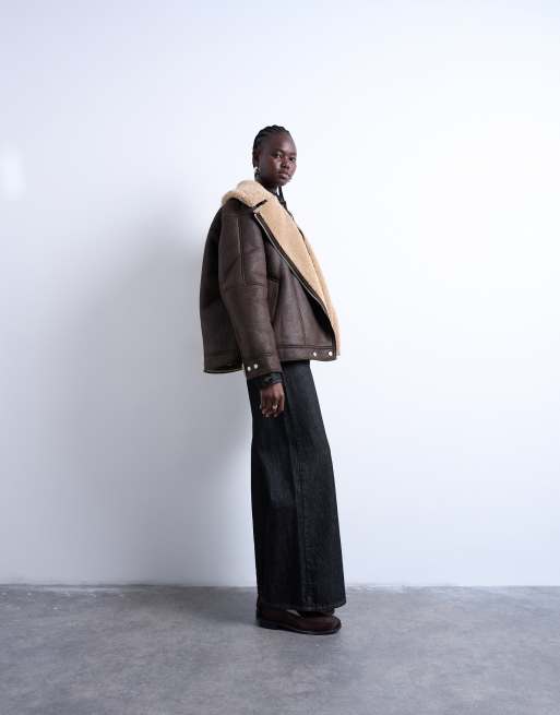 Topshop oversized faux shearling aviator jacket in chocolate | ASOS