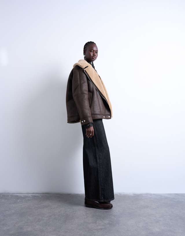 Topshop oversized faux shearling aviator jacket in chocolate | ASOS