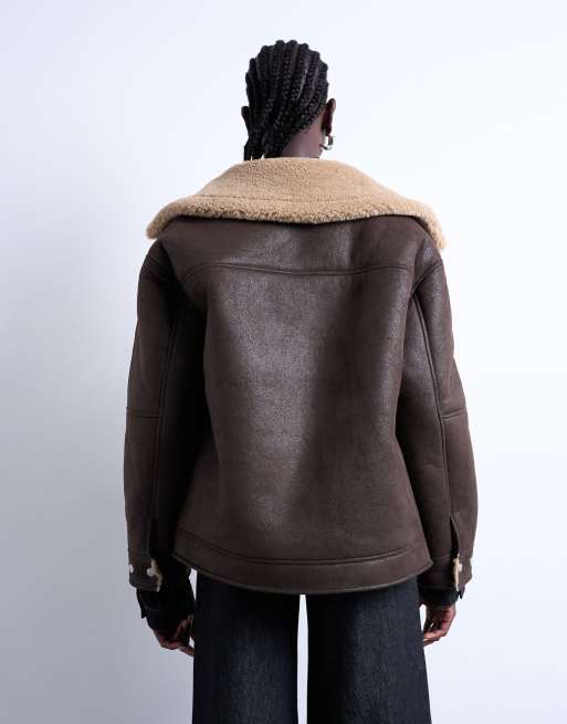 Topshop oversized faux shearling aviator jacket in chocolate | ASOS