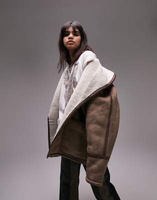 Topshop oversized faux shearling car coat in mink