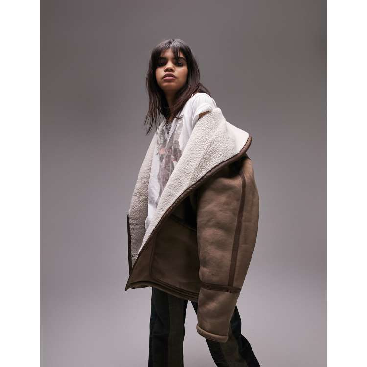 Topshop oversized faux shearling car coat in mink | ASOS