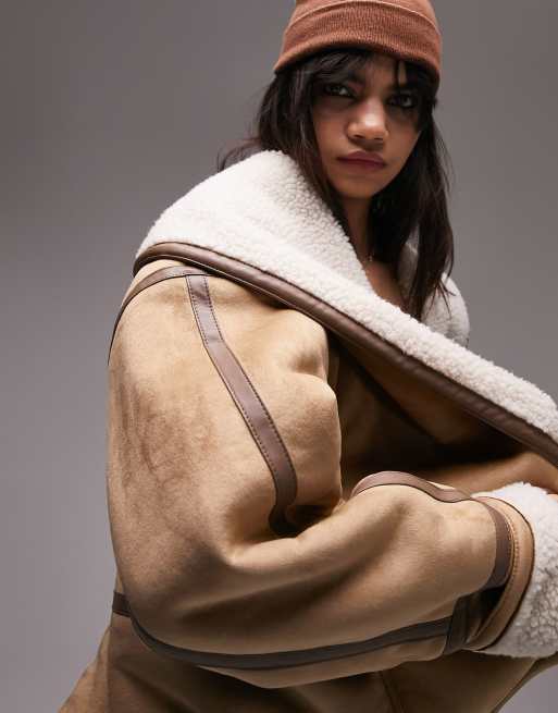 Topshop oversized faux shearling car coat in tan