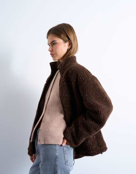 Topshop oversized funnel fleece jacket in chocolate speckle - view 1