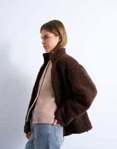 Oversized funnel fleece jacket in chocolate speckle