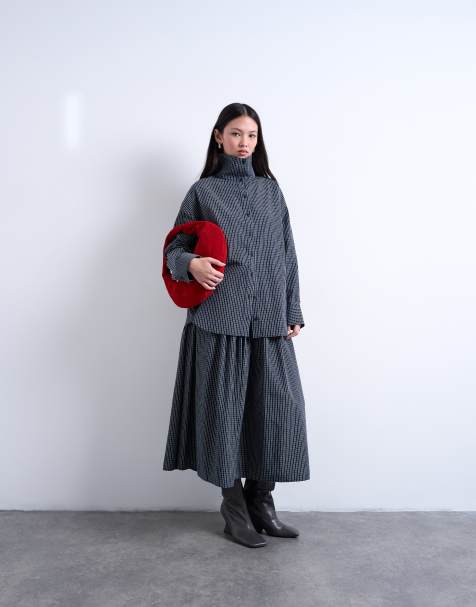 Topshop oversized funnel neck check shirt in navy - view 1