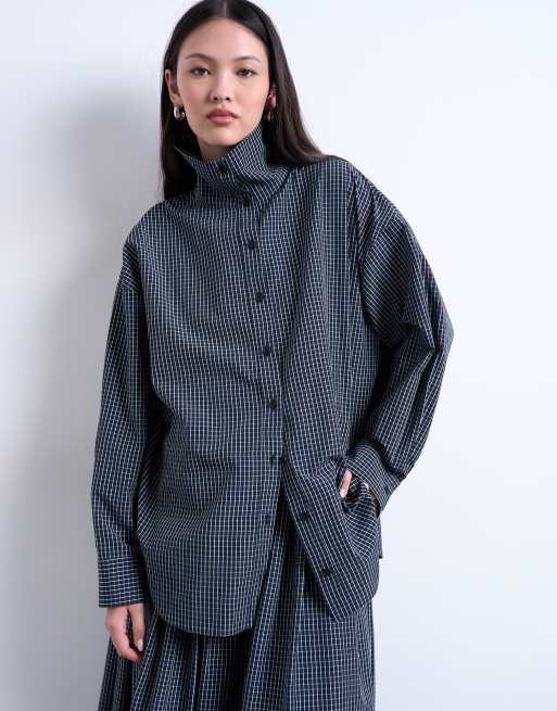 Topshop oversized funnel neck plaid shirt in navy, 4 of 4