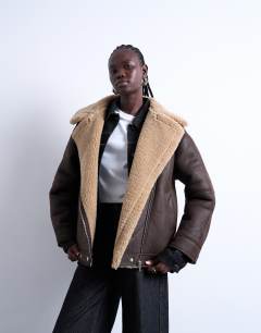 Oversized funnel shearling aviator in chocolate