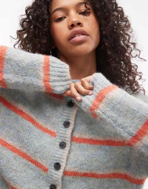 Topshop - Oversized gebreid recht gestreept vest in blauw en oranje - view 1
