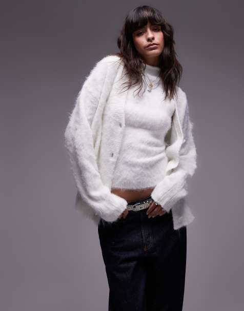 Topshop - Oversized gebreid, ultra pluizig vest in ivoorwit, deel van co-ord set - view 1