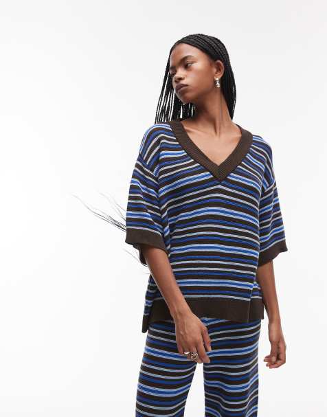 Topshop - Oversized gebreide gestreepte polo in blauw, deel van co-ord set - view 1