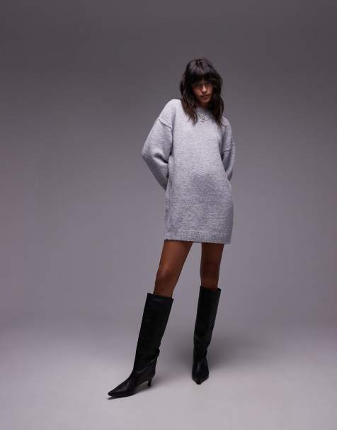 Topshop - Oversized gebreide mini jurk met ronde hals en zichtbare naden in grijs - view 1