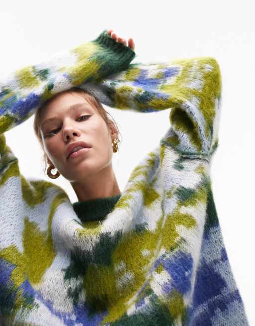 Topshop - Oversized gebreide trui met abstracte print in multi