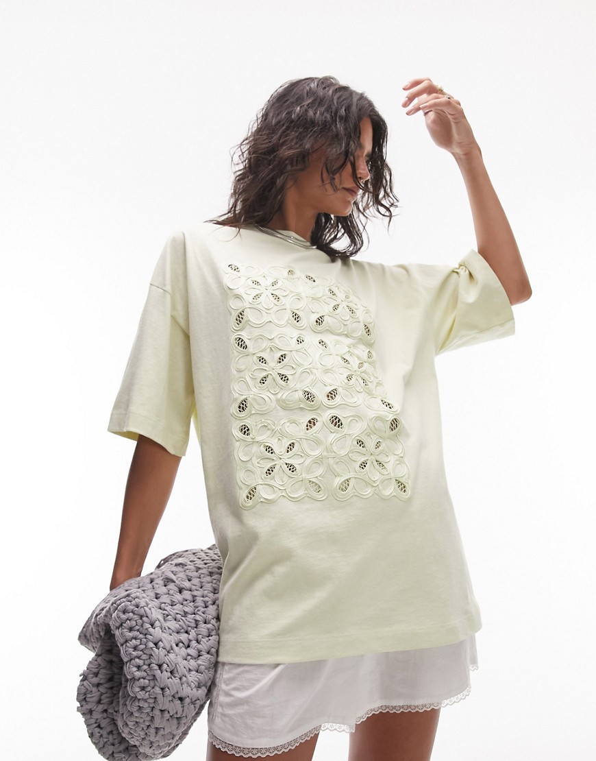 Topshop Oversized Geometric Patch Oversized Tee In Lime-gray